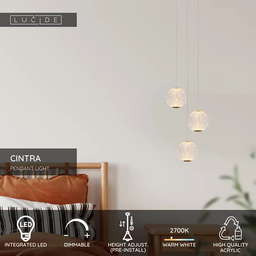 Lucide CINTRA - Pendant light - Ø 25 cm - LED Dim. - 3x4,7W 2700K - Transparant - USP
